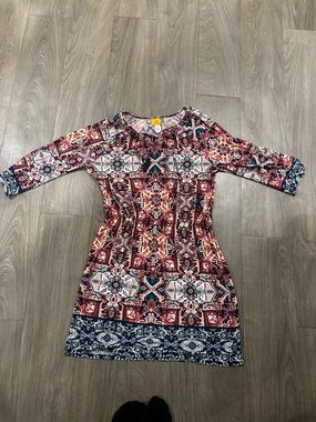 Ruby Rd. Multicolor Geometric Print Dress - Red, Navy, Cream